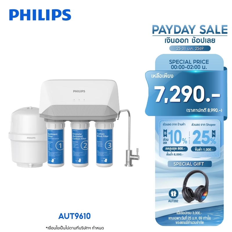 Philips water AUT9610 เครื่องกรองน้ำดื่ม 5 ขั้นตอน ระบบรีเวิร์สออสโมซิส (RO) เครื่องกรองน้ำใต้อ่างล้างจาน