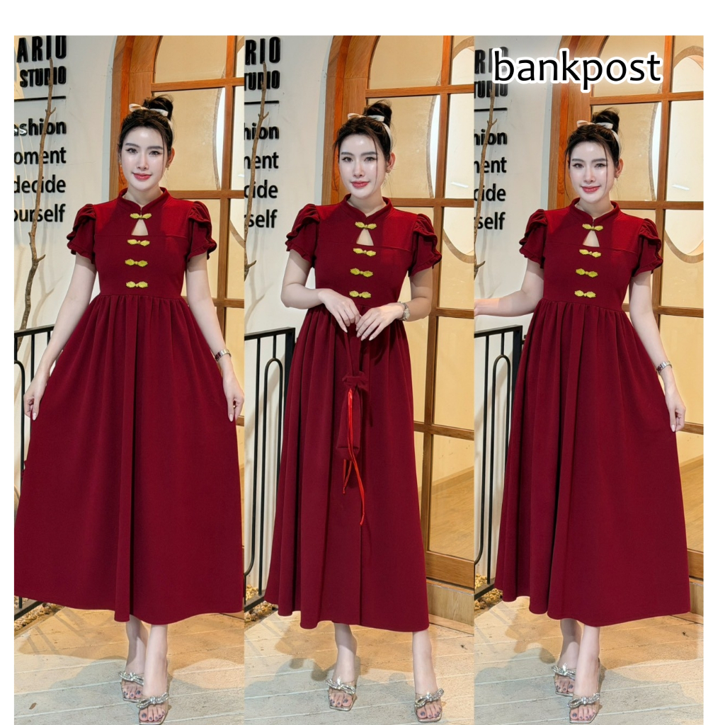 พร้อมส่ง เซตเดรสผ้าวูลเวฟ  กระเป๋าตรุษจีน  +  เดรสกี่เพ้า คอจีน เว้าอก แขนกุหลาบแต่งระบาย สม๊อคหลัง 