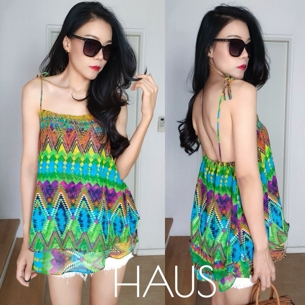 เสื้อสายเดี่ยวชีฟองทรง2ชั้นสายผูกปรับความยาวได้เอง ออกแบบสายได้เอง —ด้านหลังใส่ยางยืด ก่อนยืด30 ยืดถึง44”