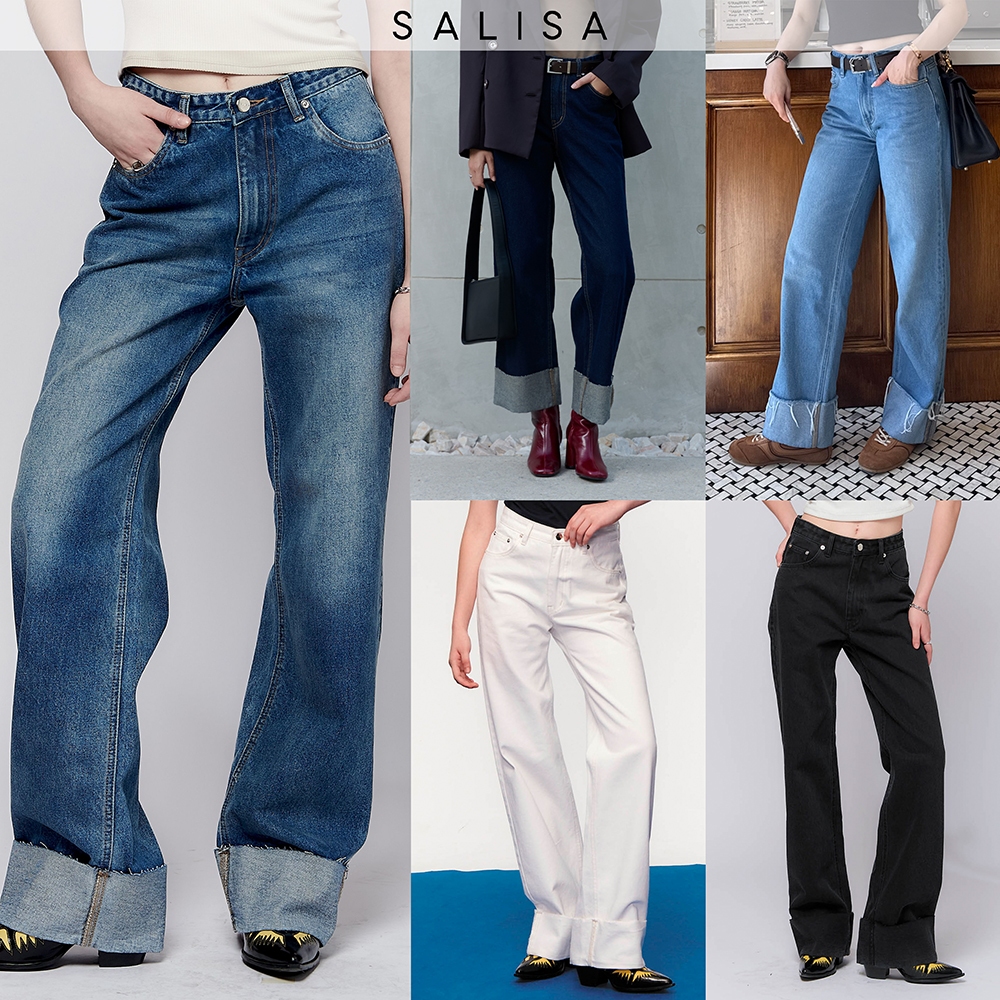 SALISA - JEANS CUFF Mid-Rise Waist กางเกงยีนส์ทรงหลวมพับปลายขา เอวกลางสะดือ