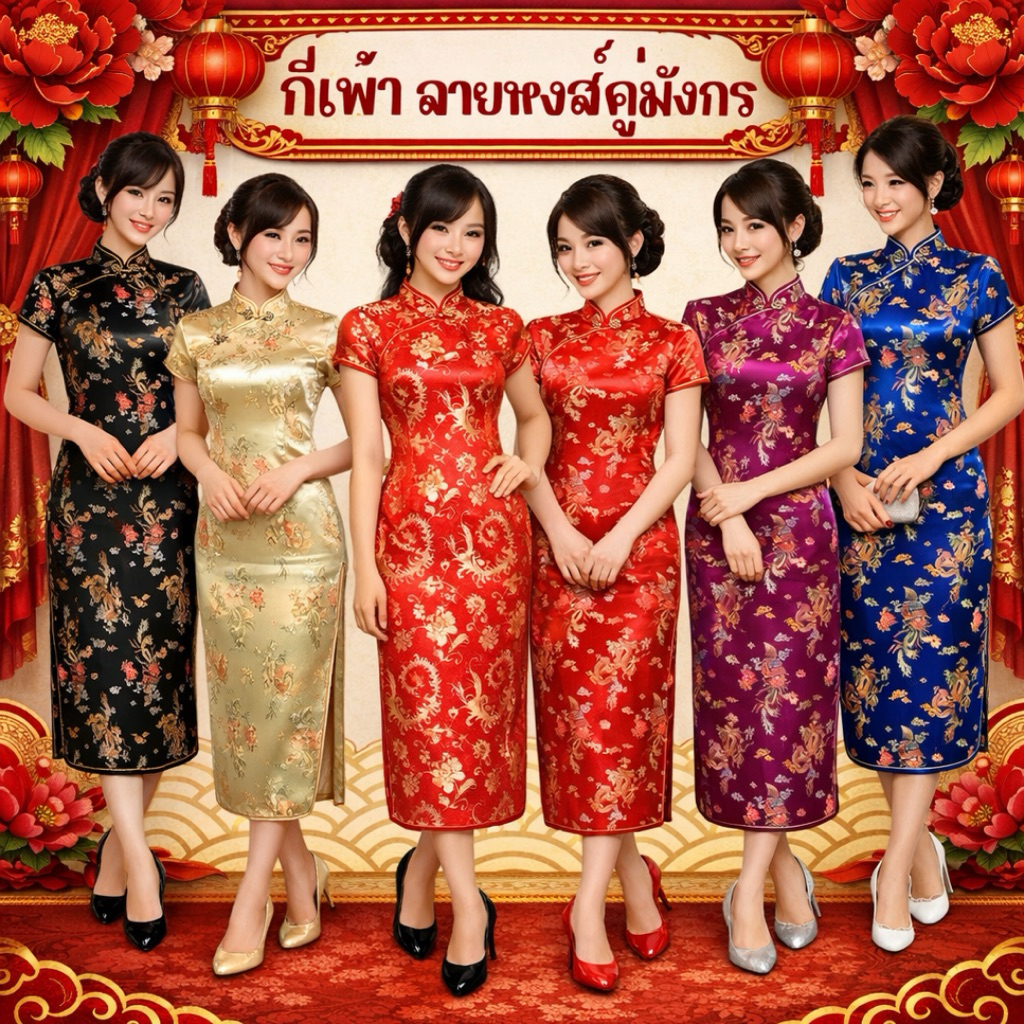 🔥พร้อมส่ง จากกรุงเทพ🔥งานปัก (S-6XL) กี่เพ้ายาว ผ้าไหมทอลายเนื้อดี ชุดตรุษจีน กี่เพ้า ลายหงส์คู่มังกร