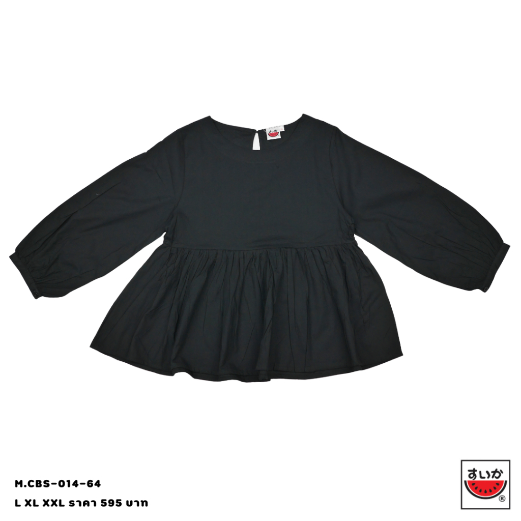 เสื้อแตงโม (SUIKA) - เสื้อคอปาดแขนทรงพองต่อใต้อกรูดจีบหน้า-หลัง แขนสามส่วน (ผ้ามัสลิน) (M.CB3-014) — صورة 4