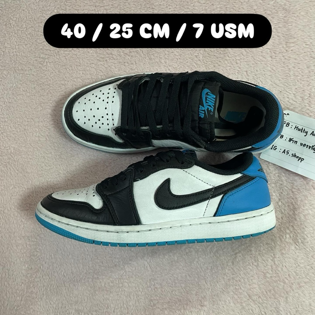Jordan 1 Low Black Dark Powder Blue (40/25cm) 🔵 nike jordan 1 มือสอง 🔵 จอแดน1 🔵 Nike jordan 1 UNC