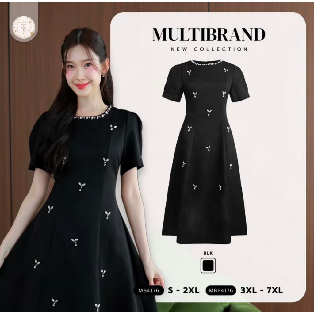 งานป้าย Multibrand 4176 {S-7XL} (ป้ายแท้) เดรสยาวทรงบาน สีพื้น แต่งอะไหล่เพชร
