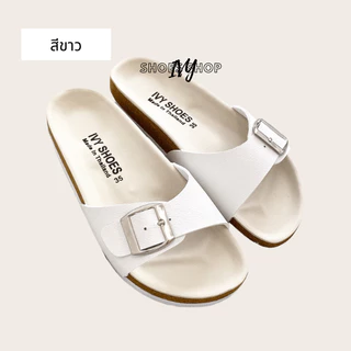 รองเท้าแตะ IVY SHOES รองเท้าไบเก้น พื้นนุ่ม สวมเข็มขัด 1 ตอน มี5สี (รุ่น ivy01-02) พื้นครีม/พื้มเทา