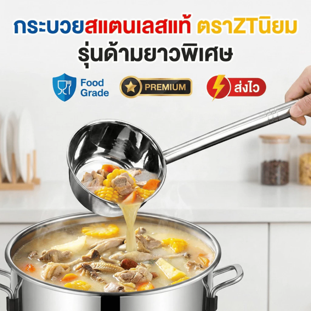 กระบวยสแตนเลสแท้ รุ่นด้ามยาวพิเศษ (Food Grade) หนา แข็งแรง ไม่เป็นสนิม ตักน้ำ/ตักแกง สำหรับครัวเรือน/ร้านอาหาร