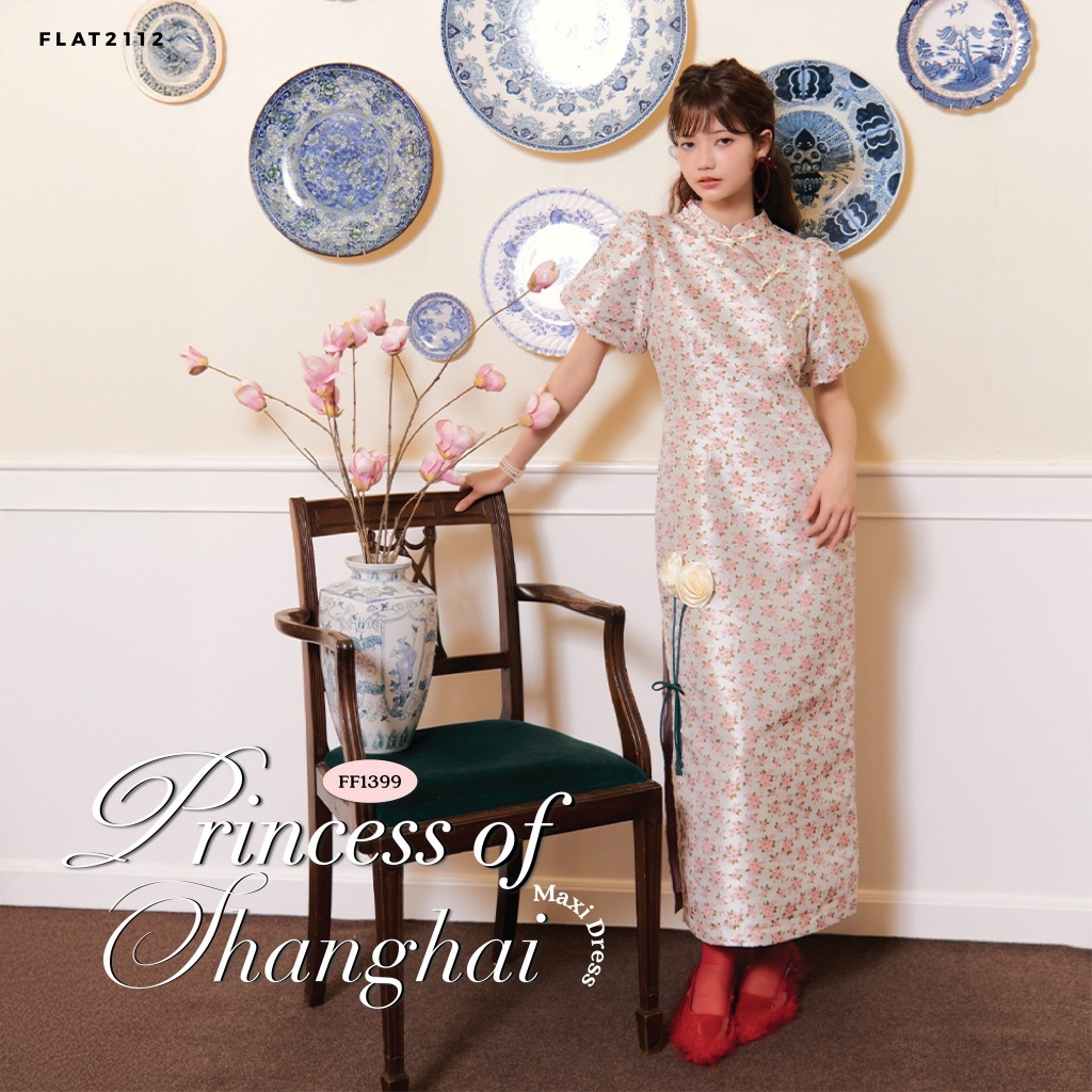 FLAT2112 : PRINCESS OF SHANGHI MAXI DRESS เดรสตรุษจีนเดรสลุคคุณหนู เดรสสไตล์ยุโรป เดรสออกงานหวานๆ เดรสเข้ารูป (FF1399)