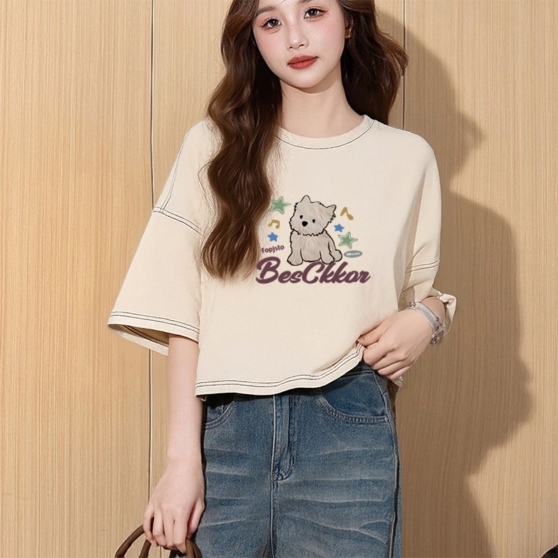 เสื้อครอปสาวอวบน่ารัก oversize เสื้อผ้าไซส์ใหญ่ เสื้อยืดทรงหลวมสวยผู้หญิงแฟชั่นมาใหม่ สกรีน ลายการ์ตูนวินเทจ สไตล์เกาหลี