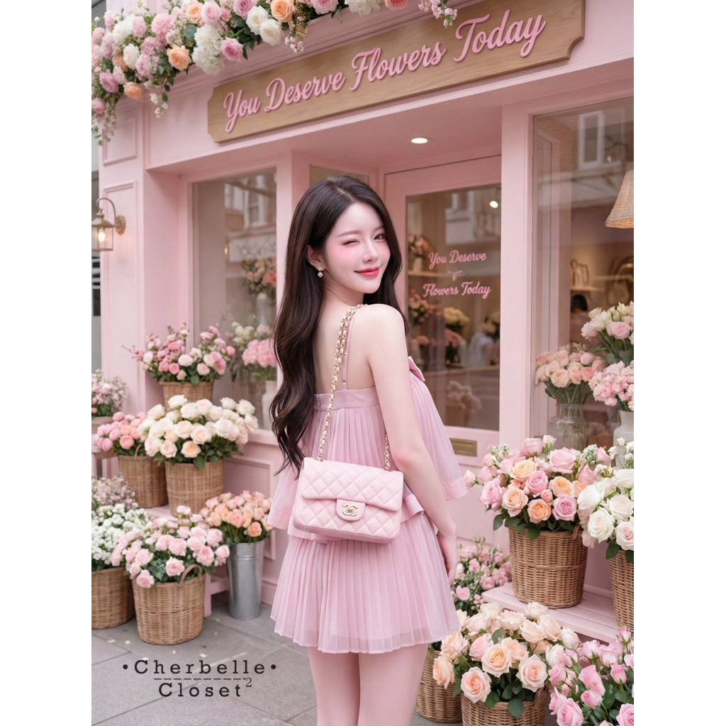 Cherbelle Closet (เช็คก่อนสัาง):Set  เสื้อสายเดี่ยวเกาะอกผ้าอัดพลีท+กระโปรงอัดพลีท(XS SML) - รูปที่ 3