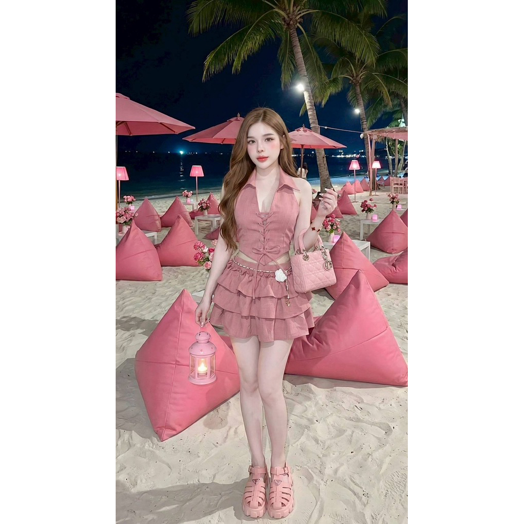 เซท3ชิ้น เสื้อคอปกตาไก่พร้อมกระโปรงระบายชั้น+เข็มขัดสุดหรู น่ารักฟุ้งฟริ้งๆๆ