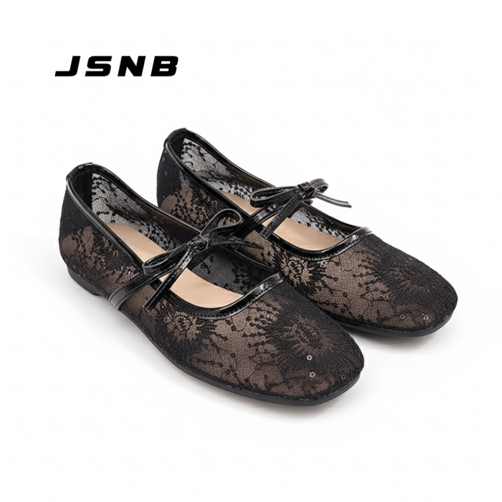 JSNB รองเท้าแฟลตตาข่ายลูกไม้ สไตล์เกาหลี รองเท้าทรงบัลเล่ต์ แต่งโบว์น่ารัก ระบายอากาศ นุ่มใส่สบาย พร้อมส่งจากไทย [LN893]