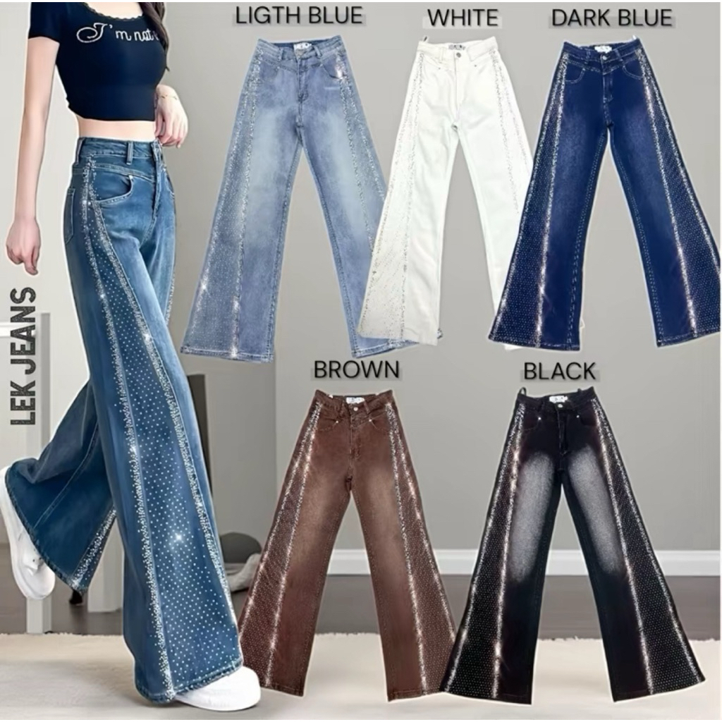 ZIPTHONG GIRL(S-4XL)กางเกงยีนส์แต่งคริสตัลด้านข้างทรงกระบอกขาม้าเอวสูง ผ้ายืด#รุ่นBU8217