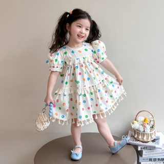 Mom Kids🌸พร้อมส่ง🌸ชุดเดรสเด็กผู้หญิง แขนสั้น ประดับโบว์ เนื้…