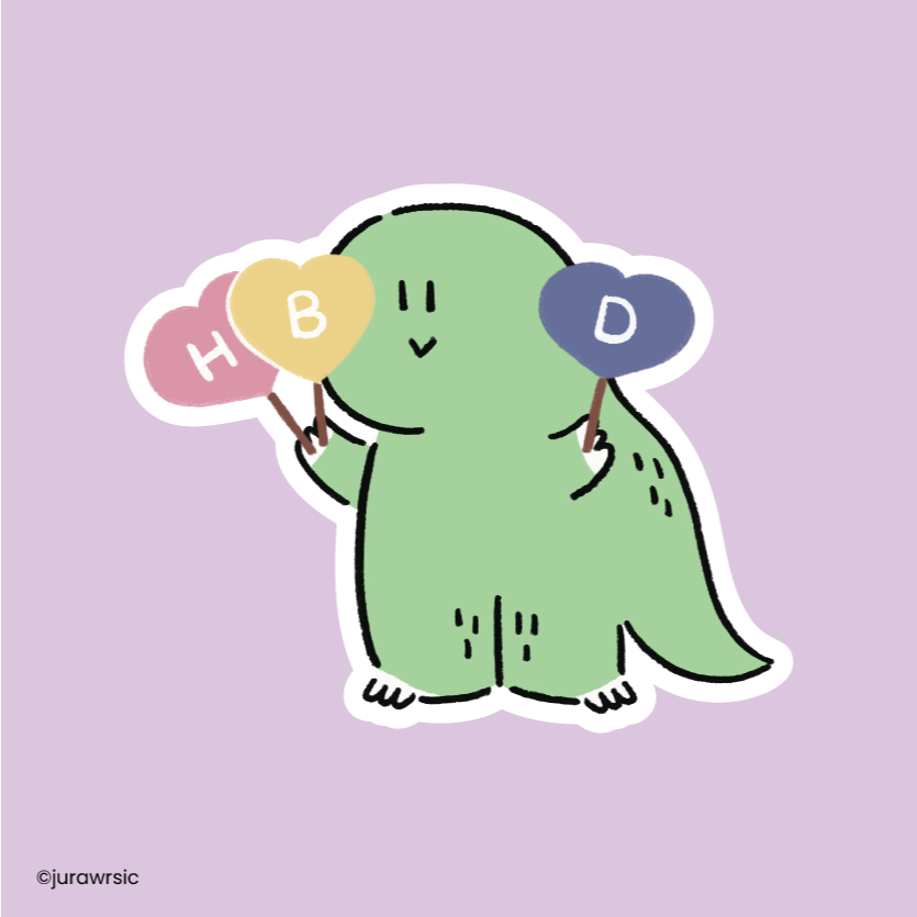 Jurawrsic สติกเกอร์ไดคัท PVC กันน้ำ die-cut ขนาด 6.1x5ซม. ป้ายวันเกิด ไดโนเสาร์ ถือป้ายอวยพร HBD bir