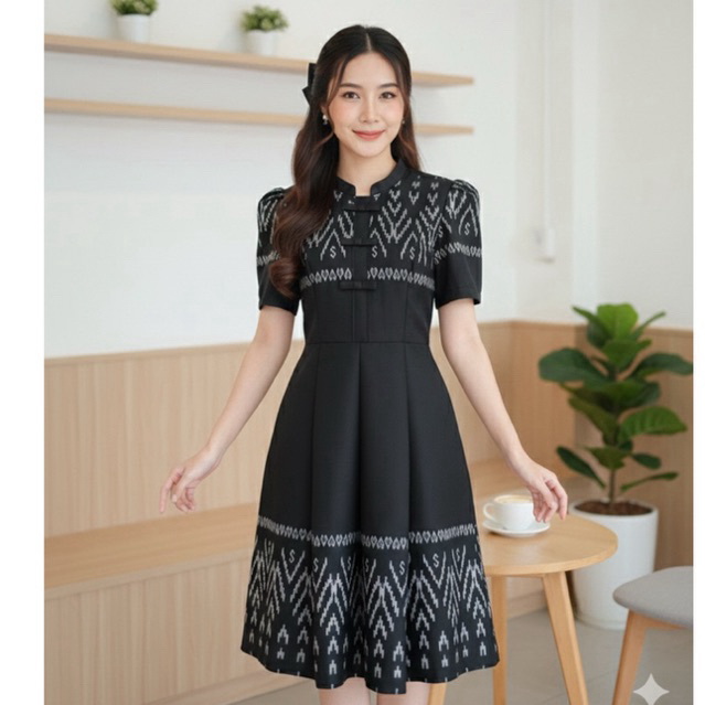 🩶NEW🖤#เดรสผ้าทอ ทรงคอจีน #อัดกาวทั้งชุด #ลายมัดหมี่ กระโปรงบาน8ชิ้น