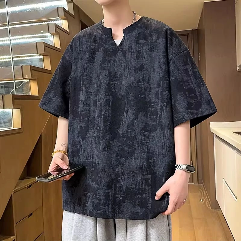 เสื้อยืดคอวีสไตล์อเมริกัน ใส่ได้ทั้งชายและหญิง ลายมัดย้อม แขนสั้นทรงหลวม สไตล์เรียบๆ COD