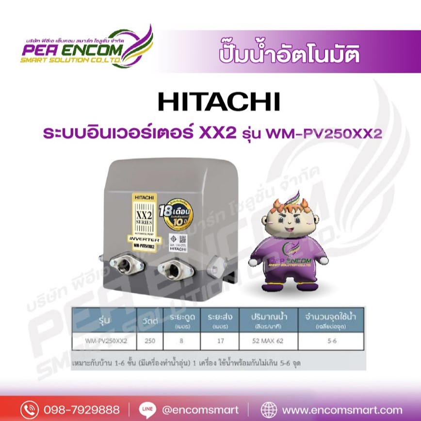 HITACHI (ฮิตาชิ) WM-PV250XX2 ปั๊มน้ำอัตโนมัติ ชนิดอินเวอร์เตอร์ 250 วัตต์