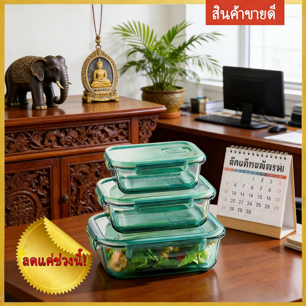 กล่องอาหารแก้ว 3ชิ้น สีมินต์ฟ้า ปลอดBPA ทนร้อน 400°C ป้องกันรั่ว 100% ใช้ไมโครเวฟ-ตู้เย็นได้