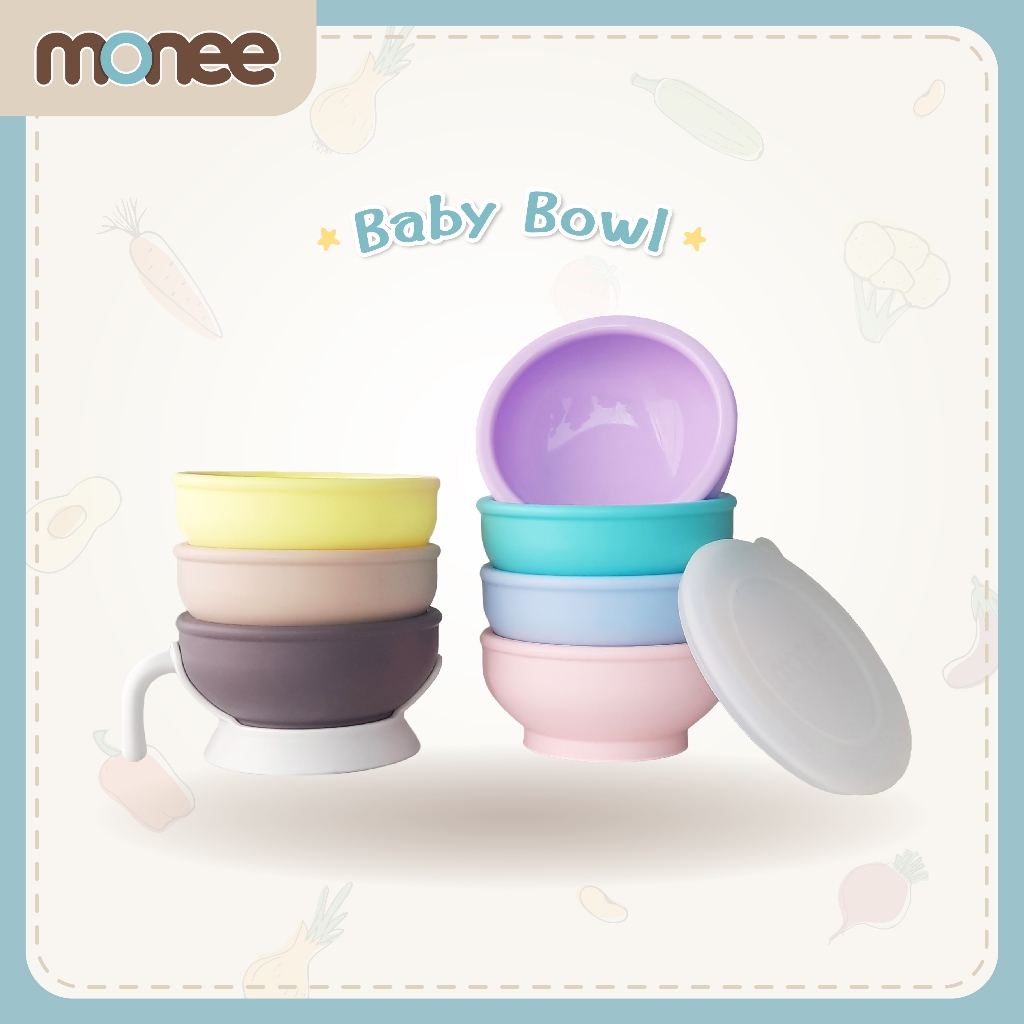 Monee ชามซิลิโคน พร้อมฝาปิด และที่จับชาม ชามป้อนข้าวเด็ก 6 เดือน silicone baby bowl