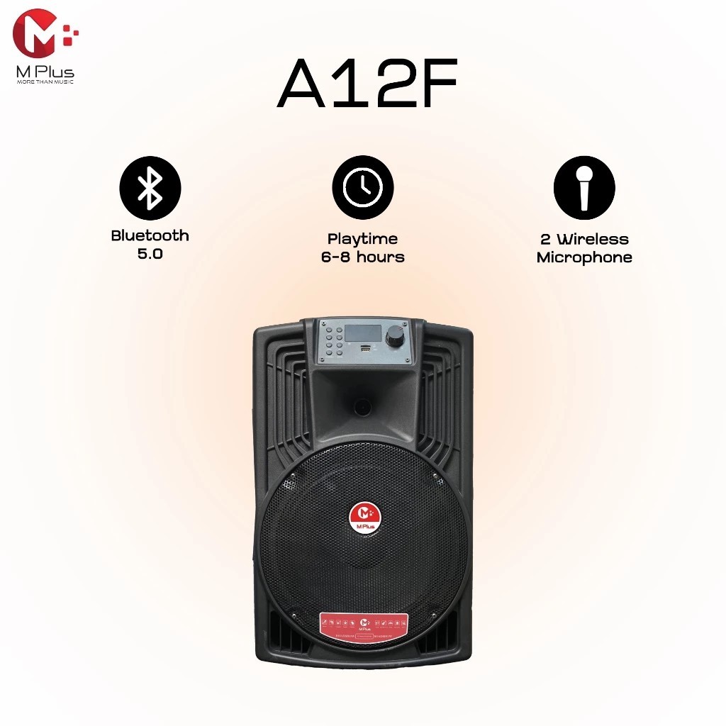M Plus A12F ลำโพงลาก 12 นิ้ว 80W | Bluetooth 5.0 | ไมค์ไร้สาย 2 ตัว | USB/TF/AUX | เสียบกีตาร์ได้