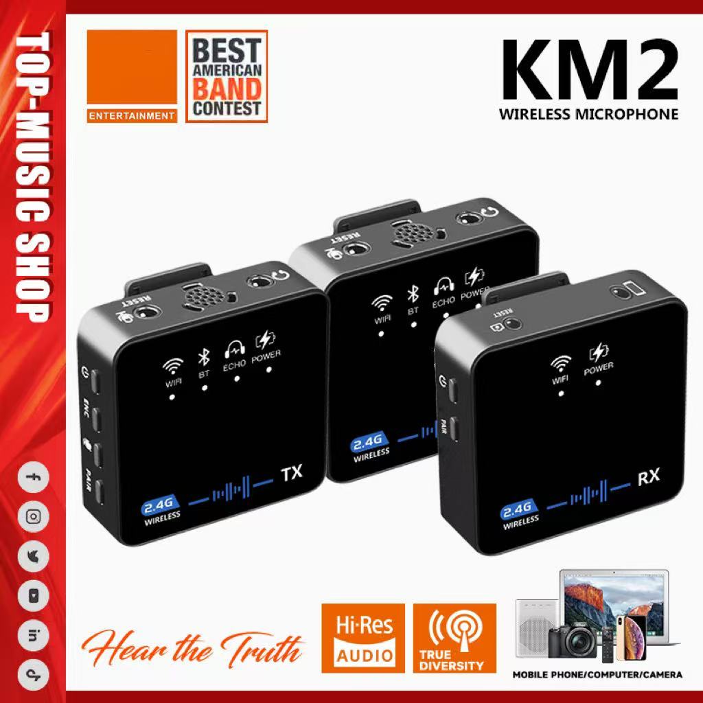KM2 ไมโครโฟนไร้สายโทรศัพท์มือถือกล้องคอคลิปไมโครโฟนวิทยุไมโครโฟน ตัวรับสัญญาณหนึ่งตัวและไมโครโฟนสองต