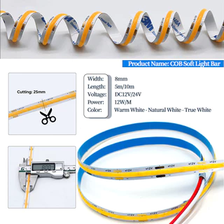 ไฟเส้น COB 324LEDs/M 5/10M ความหนาแน่นสูง มีกาวยางในตัว ตัดได้ตามต้องการ ใช้ไฟ DC 12V/24V (3000K/4000K/6500K/น้ำเงิน/ชมพ