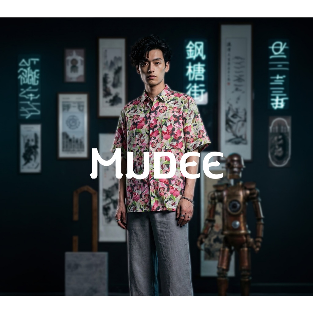 MUDEE เสื้อเชิ้ตผู้ชายลินิน ผ้าลินินพิมพ์ลายกลีบดอกเหมย