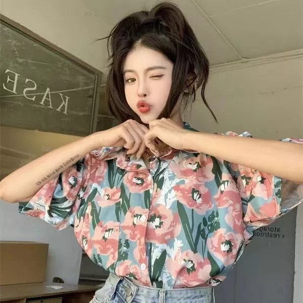 เสื้อเชิ้ตฮาวายแขนสั้น ลายดอกสีฟ้าดอกชมพู thumbnail 6