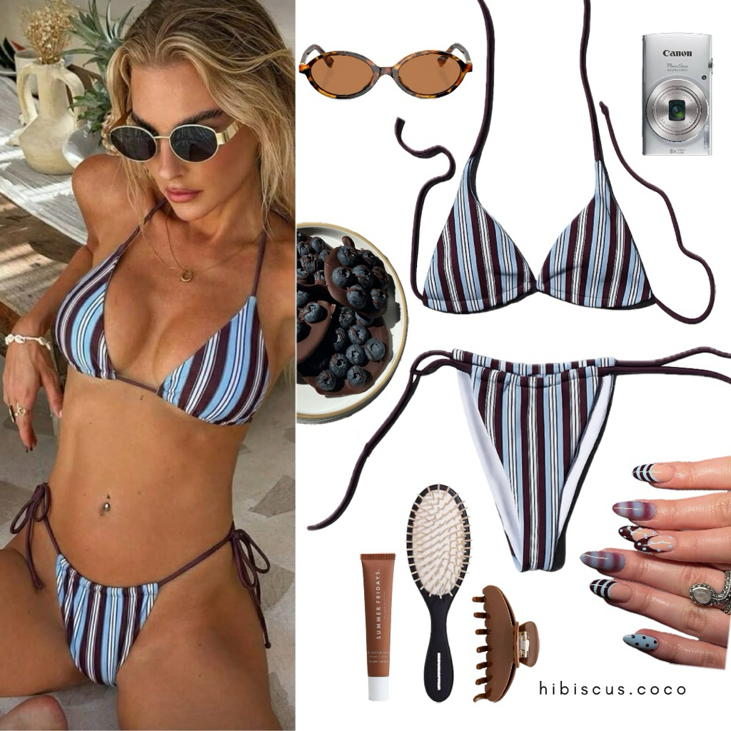 Hibiscus.coco | [พร้อมส่ง] Blueberry Truffle Bikini 🫐🍫บิกินี่ลายทางโทนฟ้า ตัดกับน้ำตาลช็อคโกแลต