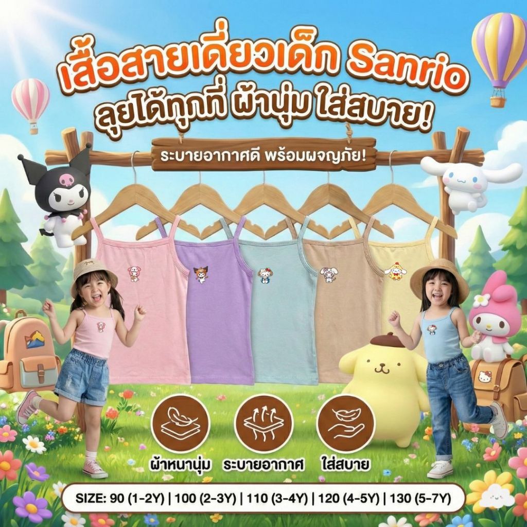 เสื้อสายเดี่ยว เด็กหญิง หนานุ่มระบายอากาศได้ดี ยืดเยอะ ไซส์ 2-12 ปี 10-50 กก.