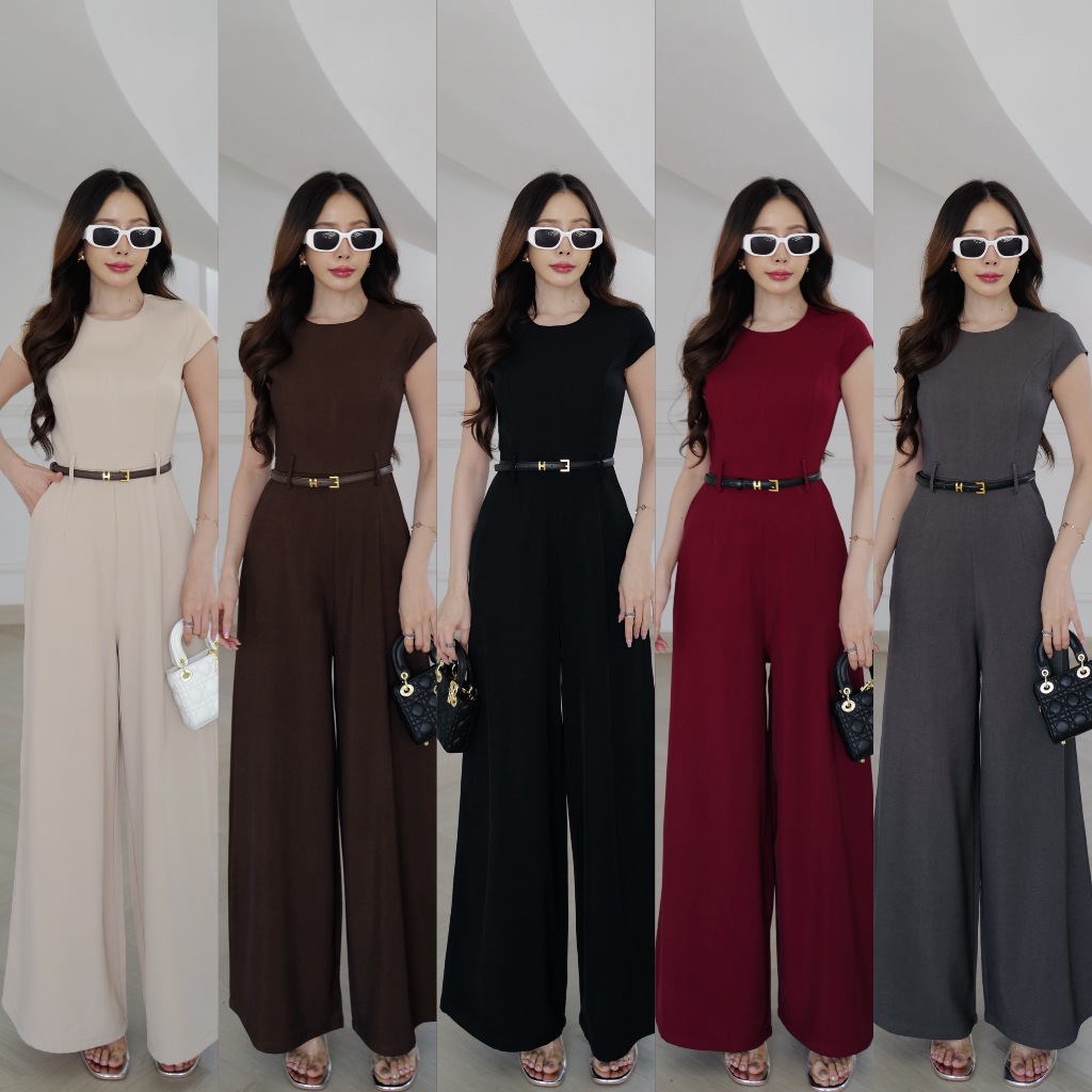 CHILL 🧸 Tag Hilook  ชุดจั้มขายาวมีแขน+เข็มขัด เรียบหรู คอกลม มีหูกางเกงใส่เข็มขัด