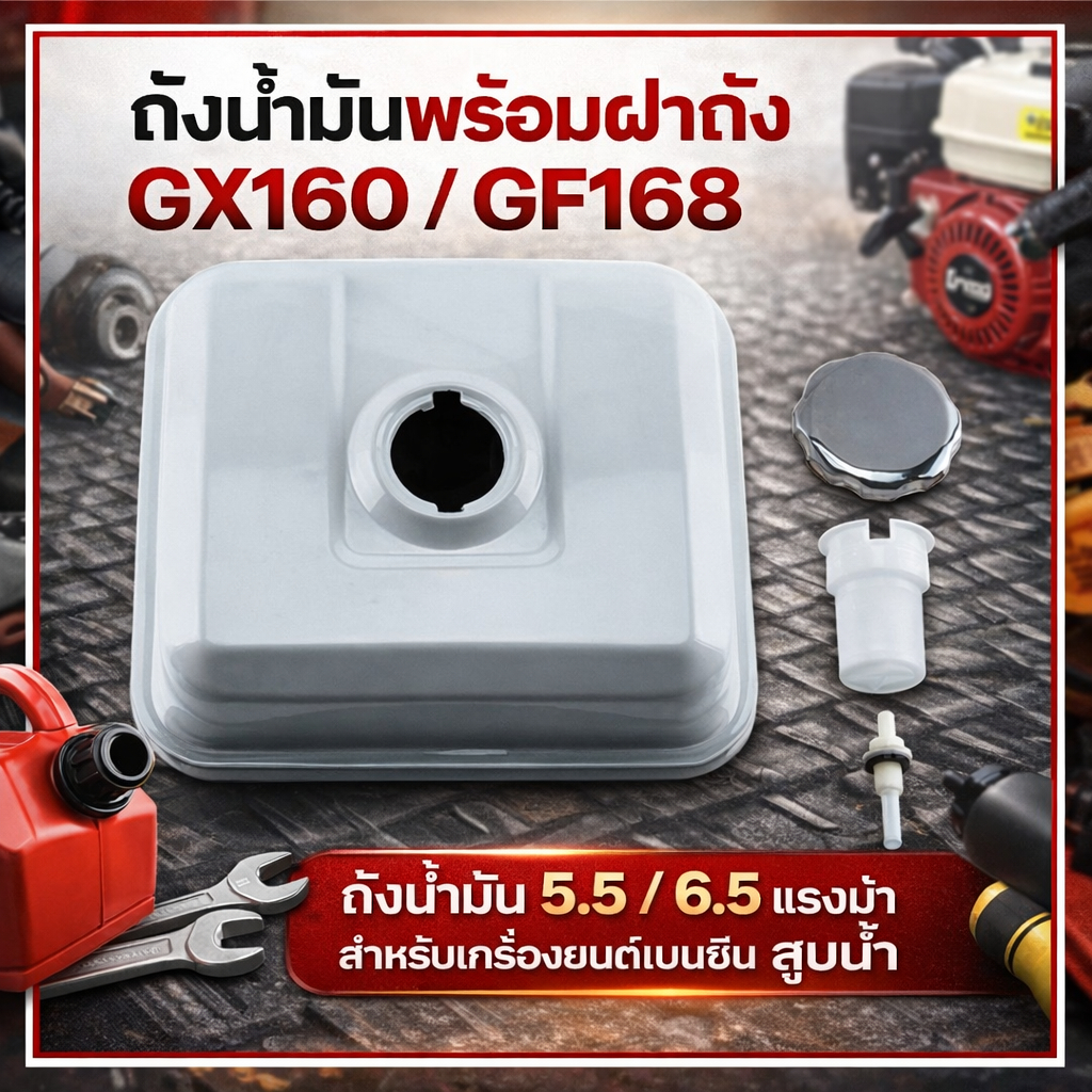 ถังน้ำมันพร้อมฝาถัง GX160 GF168 ถังน้ำมัน 5.5 / 6.5 เครื่องยนต์เบนซิน สูบน้ำ
