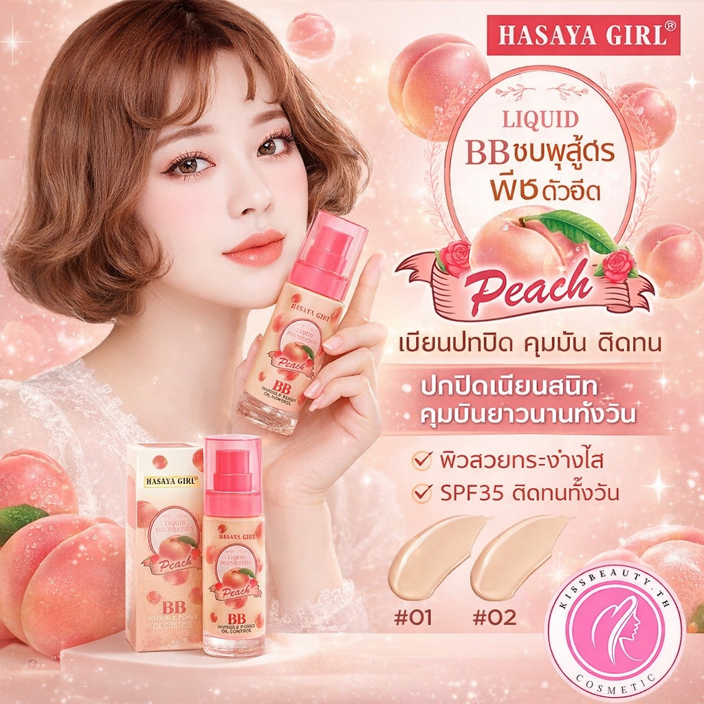 HASAYA GIRL รองพื้น BB ตัวฮิต สูตร PEACH ปกปิดเนียนและควบคุมความมัน ช่วยปกปิดผิว ติดทนนาน SPF35/PA +