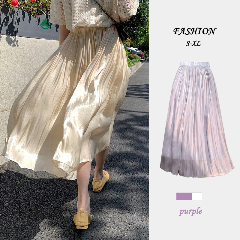 littlebee.shop#99008  กระโปรงผ้ากอซ แสงไหลเงา ผู้หญิง ฤดูร้อน เอวสูง กระโปรงพลีท ทรงหลวม ทรงเอ