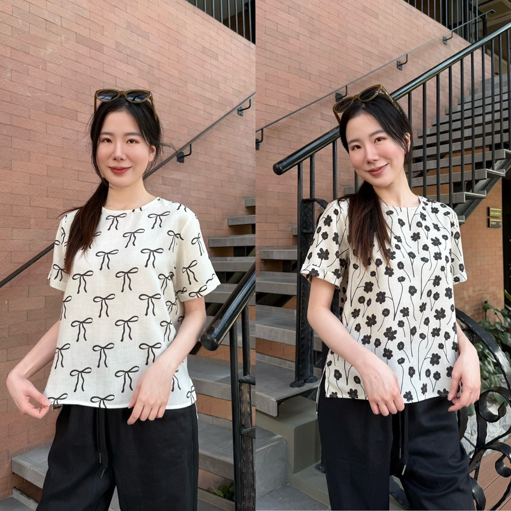 F6เสื้อคอกลมแขนสั้นตัวยาวผ้าลินินSILKเนื้อนิ่มอย่างดีFinalprojectbkk