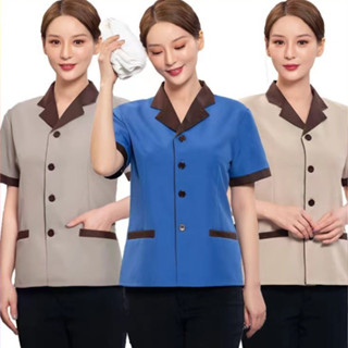 【คุณภาพสูง】เสื้อยูนิฟอร์ม ปกป้าน แขนสั้น ชุดแม่บ้าน ชุดพนักง…