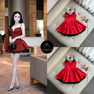 CODE-D (เช็คก่อนสั่ง)มินิเดรสสายเดี่ยวทรูโทน ( สีแดงดำ) ลายจ…