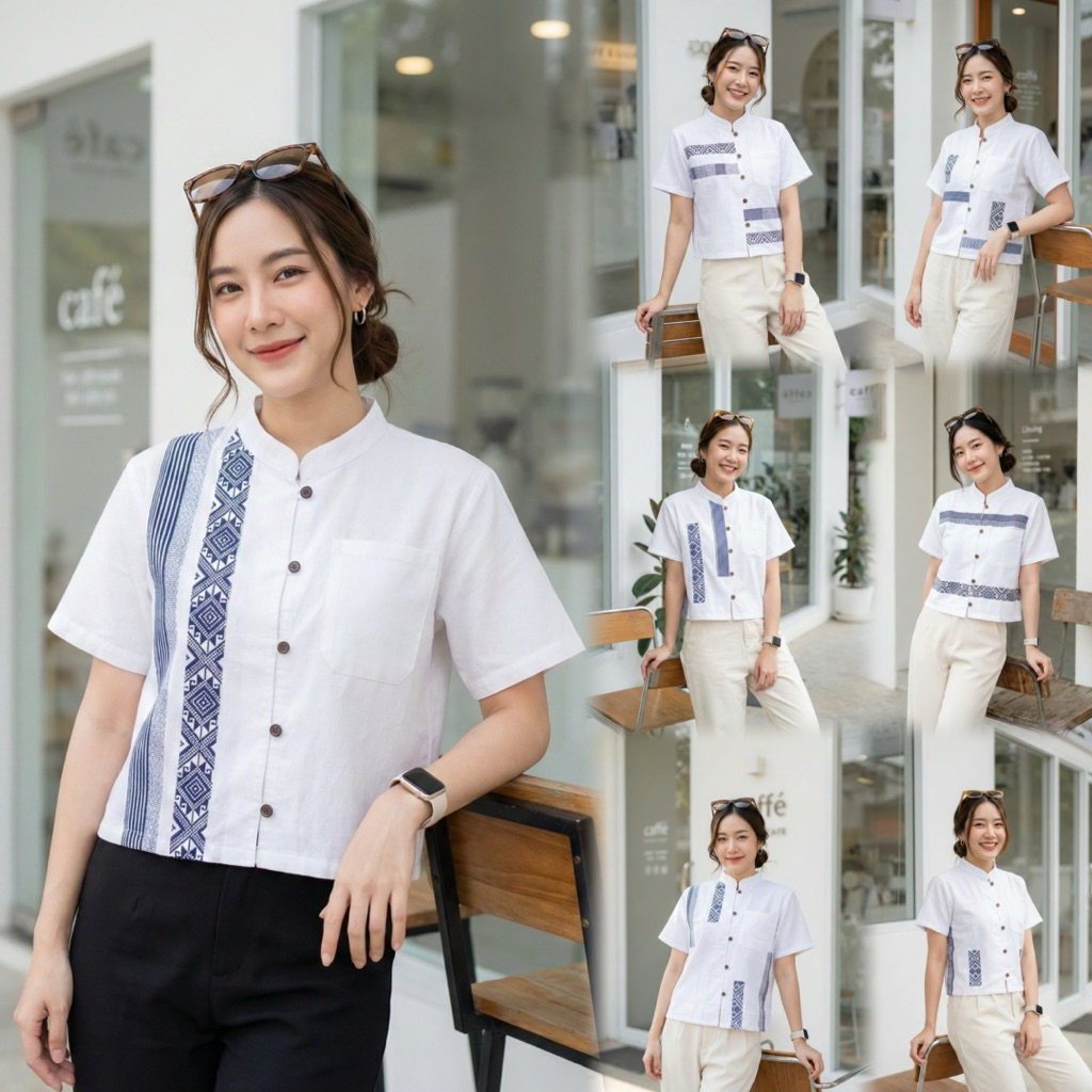 เสื้อพื้นเมืองผู้หญิงคอจีน แต่งแถบผ้าทอลายไทย