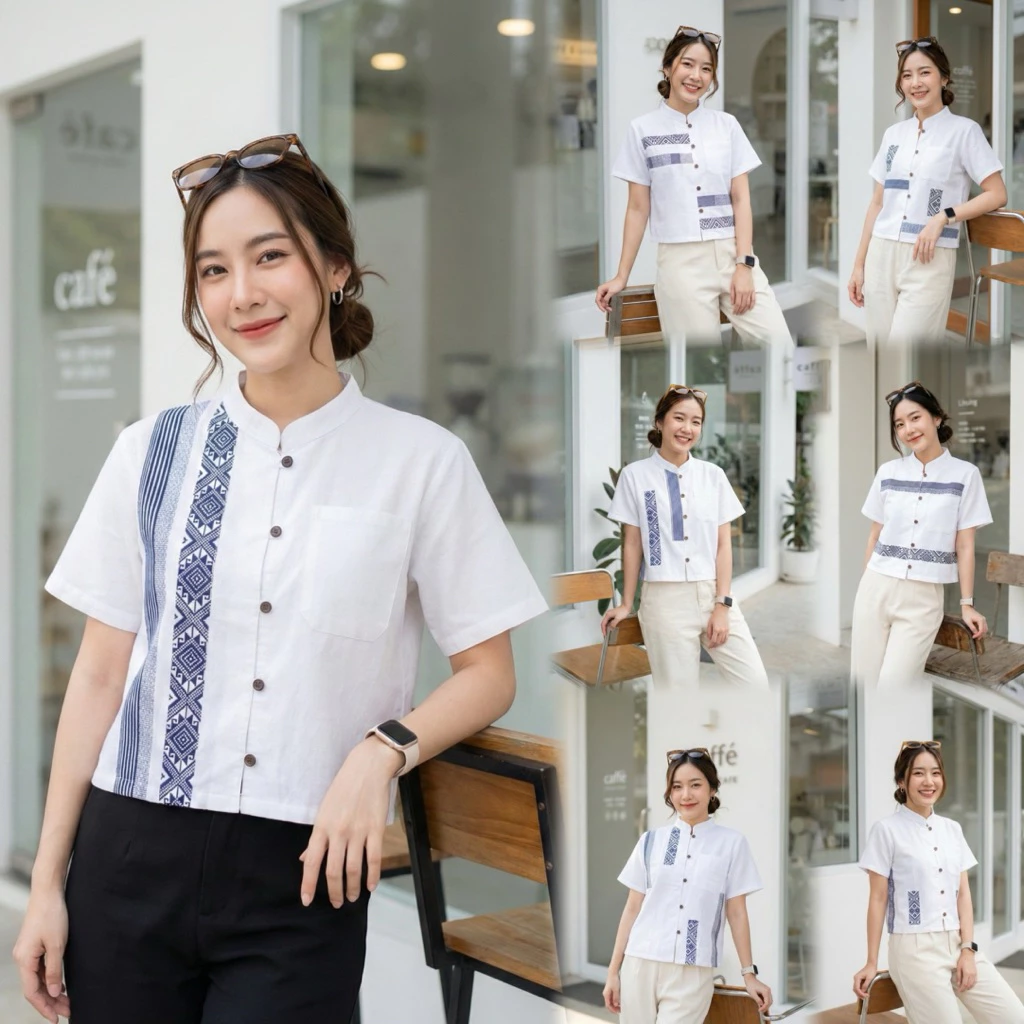 เสื้อพื้นเมืองผู้หญิงคอจีน แต่งแถบผ้าทอลายไทย