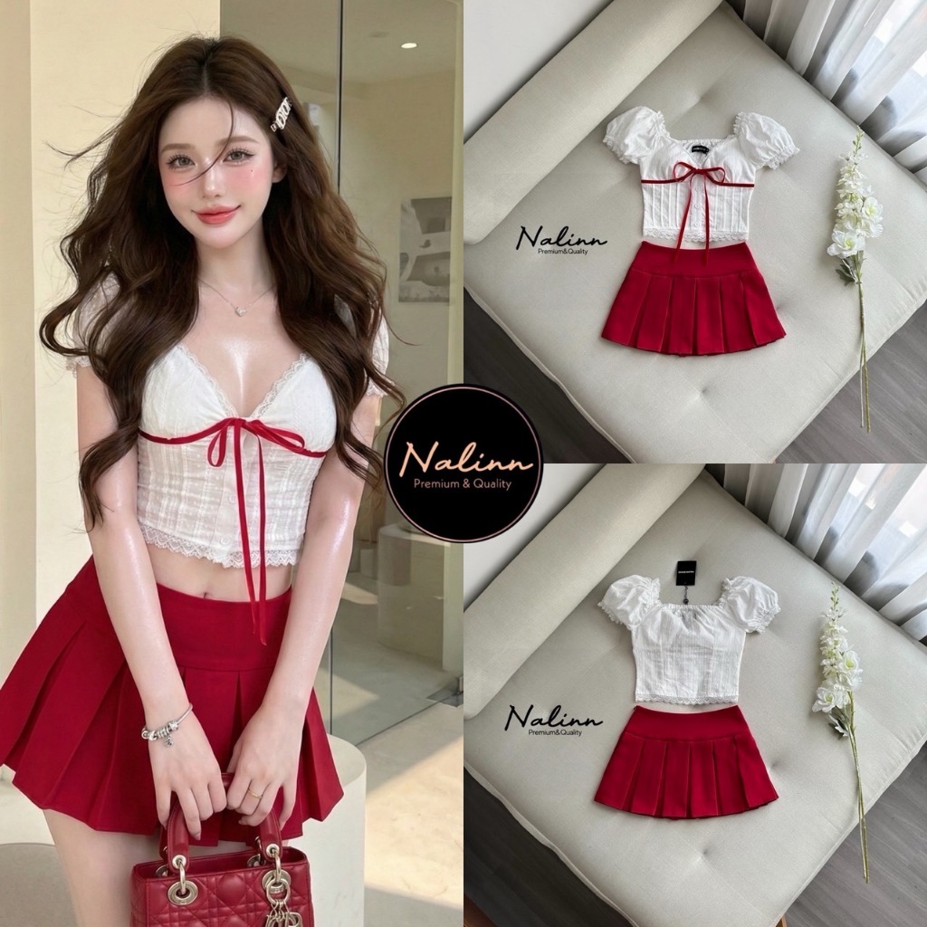 NALINN Set เสื้อขาวแขนตุ๊กตาคอวี+กระโปรงจีบรอบสีแดง - รูปที่ 6