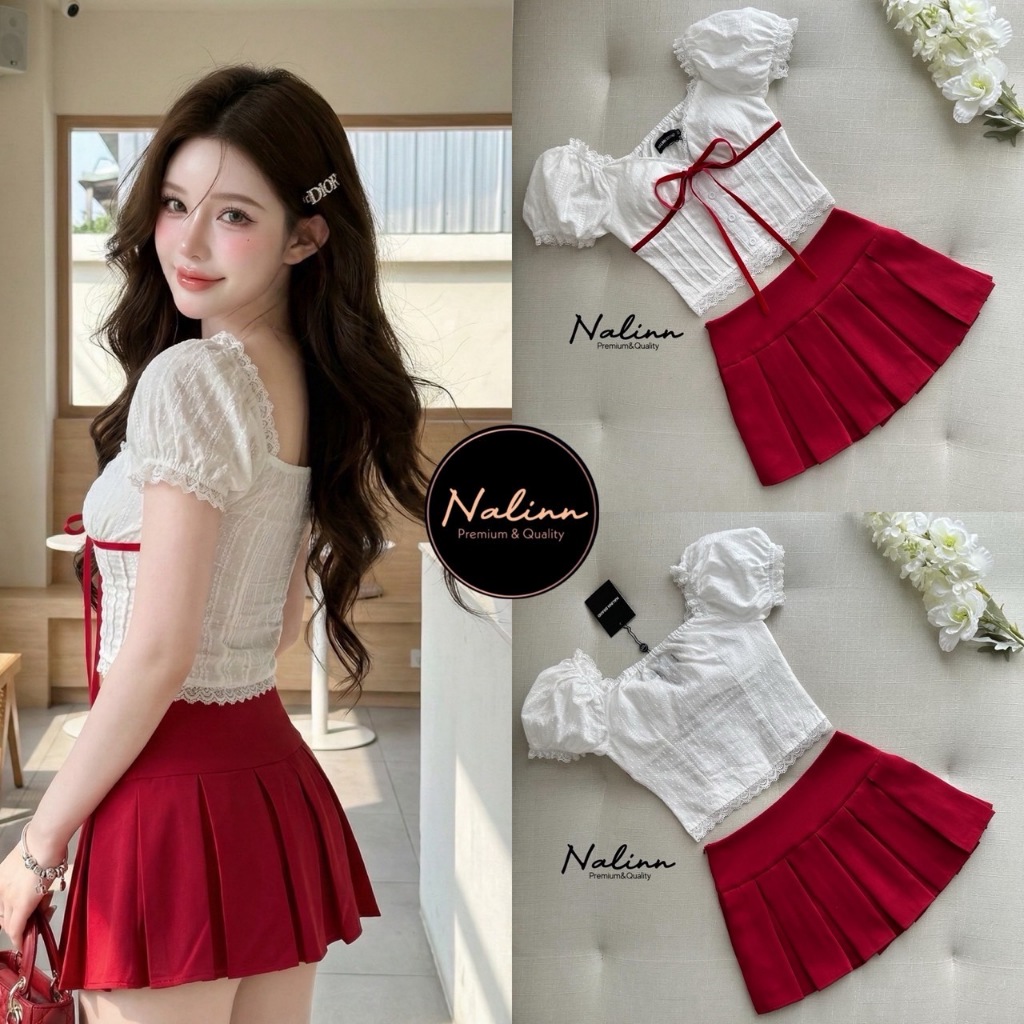 NALINN Set เสื้อขาวแขนตุ๊กตาคอวี+กระโปรงจีบรอบสีแดง - รูปที่ 7