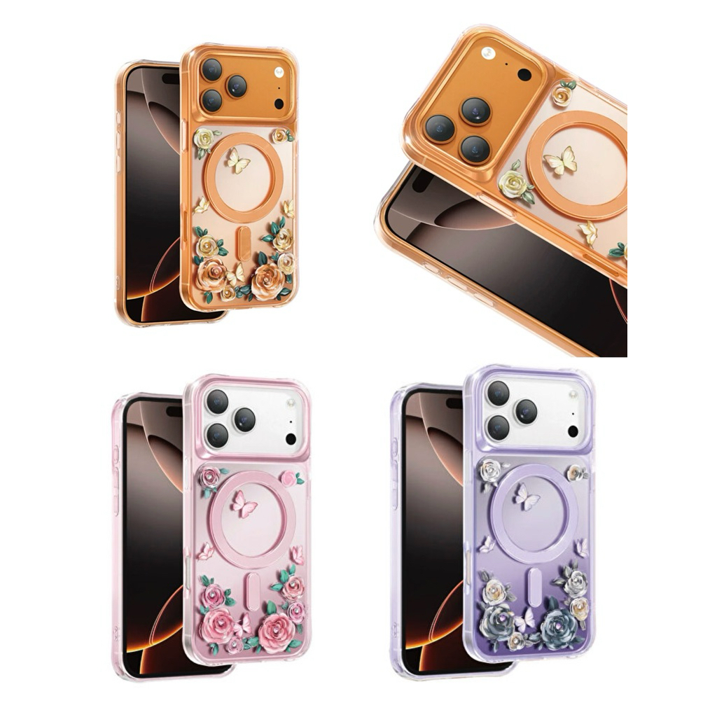 KEEPHONE 💯เคสใสตกแต่งด้วยลวดลายดอกกุหลาบ3มิติและผีเสื้อ รองรับการชาร์จไร้สาย 17ProMax