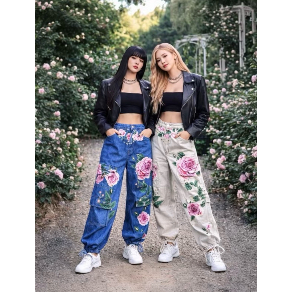 🌹กางเกงขากระบอกกลาง คาร์โก้ แต่งพิมพ์ลาย 3D ลายกุหลาบชมพู ตอนรับวาเลนไทน์ กางเกงยีนส์ใส่เที่ยววันวาเลนไทน์