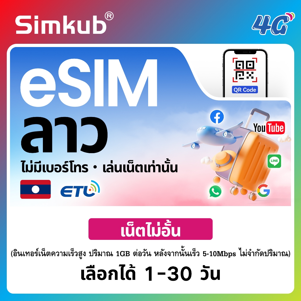 eSIM Laos เครือข่าย ETL ซิมท่องเที่ยว ลาว เน็ตไม่จำกัด รองรับ 4G เลือกได้ 1-30 วัน