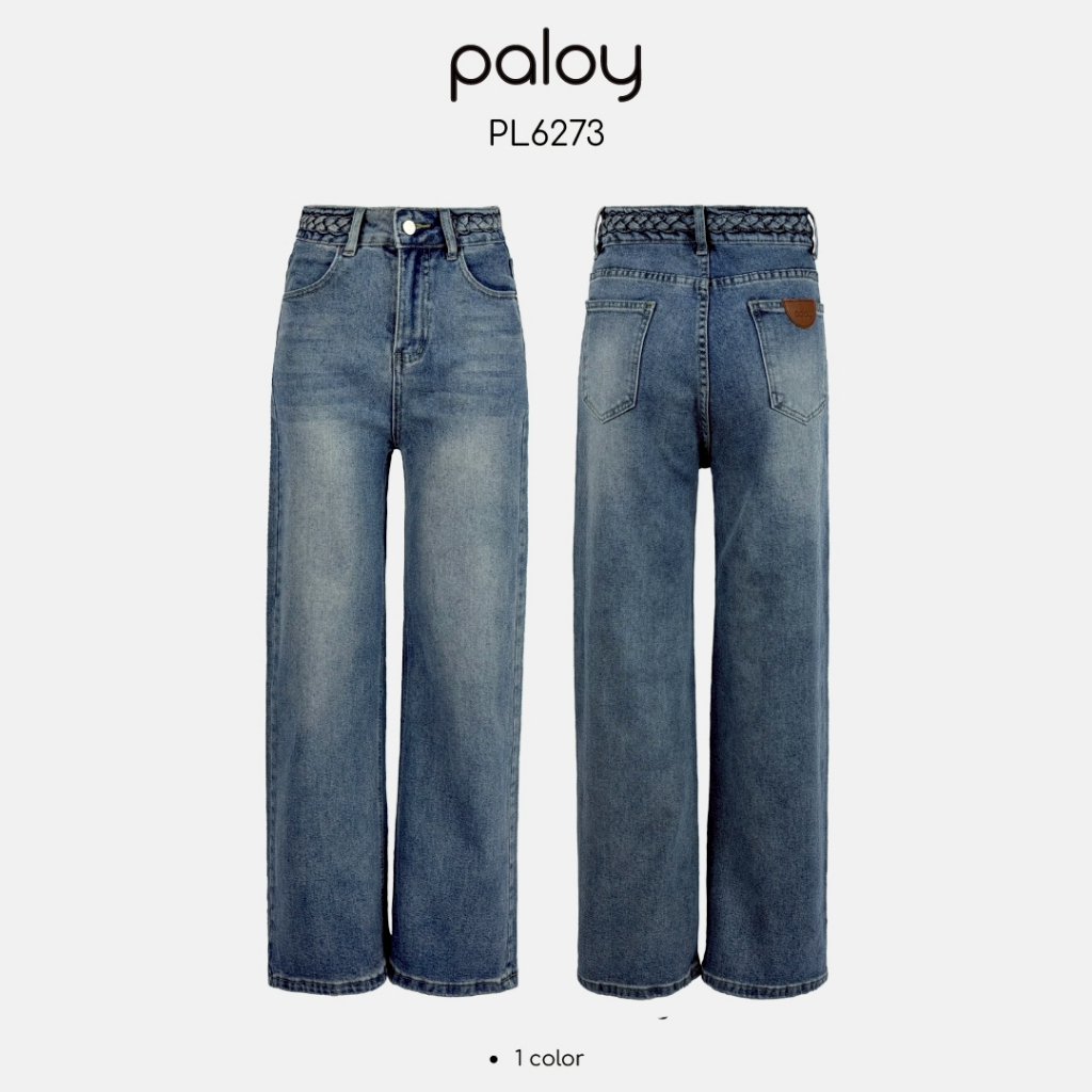 Paloy - PL6273 กางเกงยีนส์ขายาว ทรงกระบอก ดีเทลเอวแต่งถัก