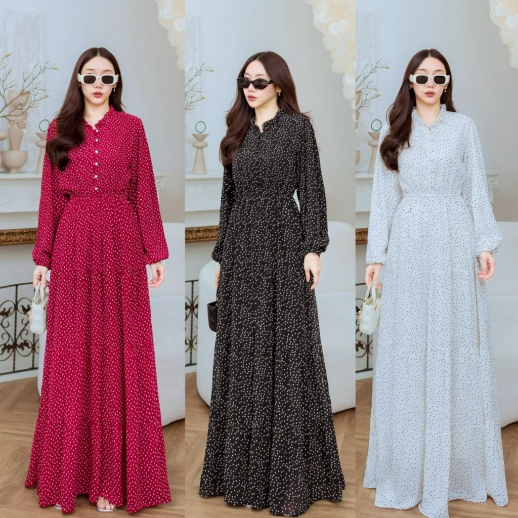 J1936 JiraClothing แม็กซี่เดรสแขนยาวลายจุด