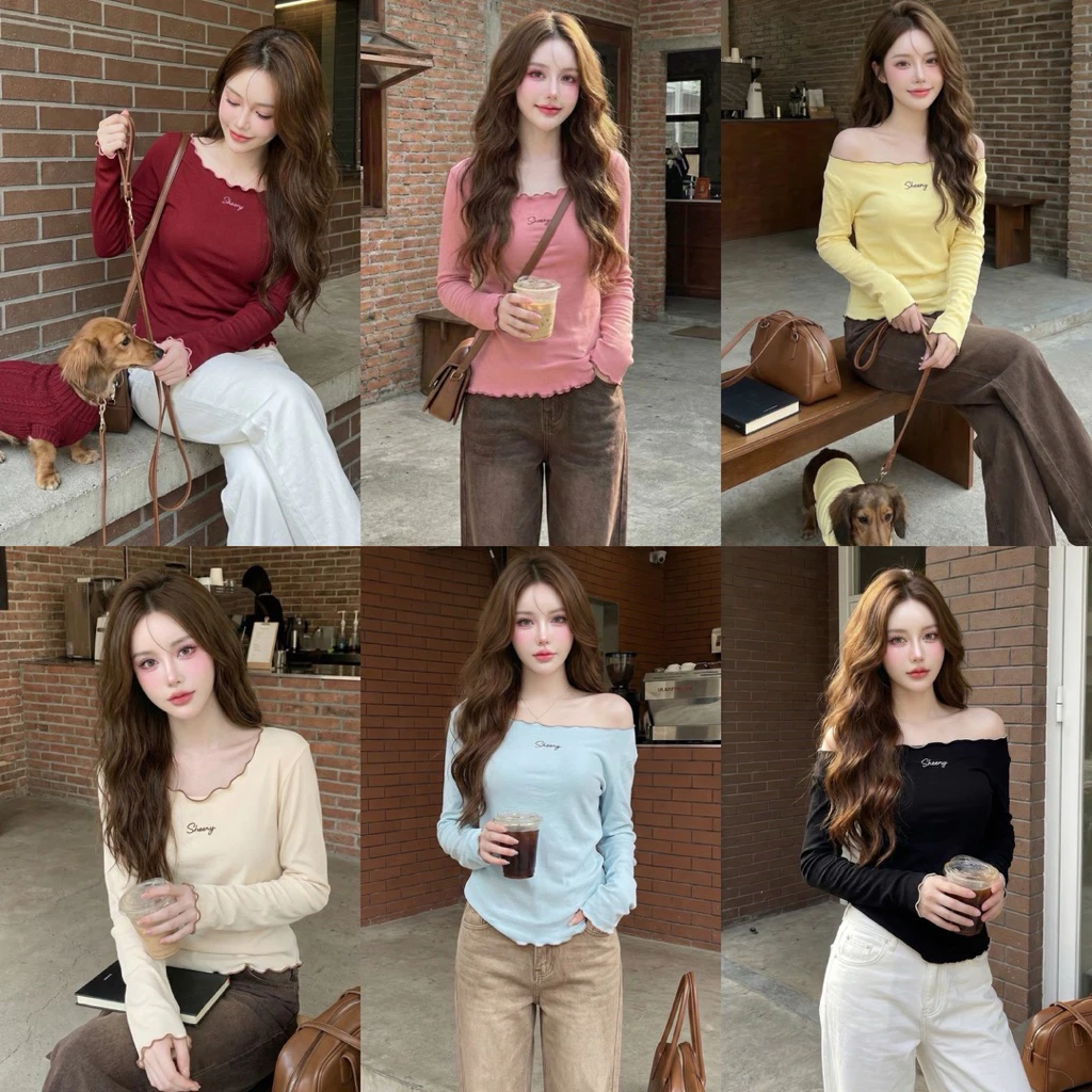 Teera❤️พร้อมส่ง🎀 Sweet Frill Top 🎀เสื้อปาดไหล่🌈ผ้ายืด พรีเมี่ยมอย่างดี💯%✨เย็บขอบตัดโทนเก๋สุด ใส่ไปคาเฟ่ก็ปังsheeny