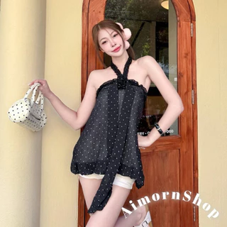 🔥aimorn_shop🔥เสื้อคล้องคอ ทรงบอลลูน ลายจุด สม็อคหลัง งานผ้าพริ้ว ผ้าใส่สบาย ฮิตสุดๆ