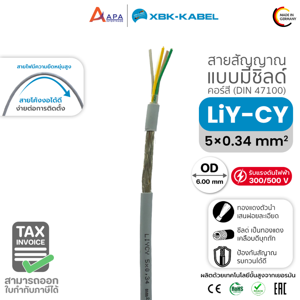 LiYCY 5x0.34 sq.mm XBK Kabel สายสัญญาณ แบบมีชิลด์ ( 50 เมตร 100 เมตร)