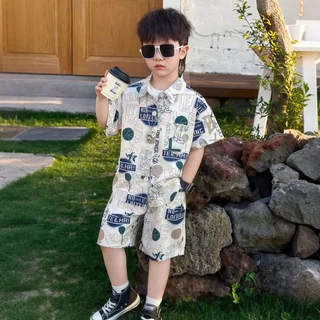 Beryl kids🌸ชุดเซ็ทเด็กแฟชั่น🎀ชุดชายหาดเด็กชายฤดูร้อน เสื้อแขนสั้นกางเกงขาสั้น ลำลองสองชิ้น หล่อเท่สุด แห้งเร็ว